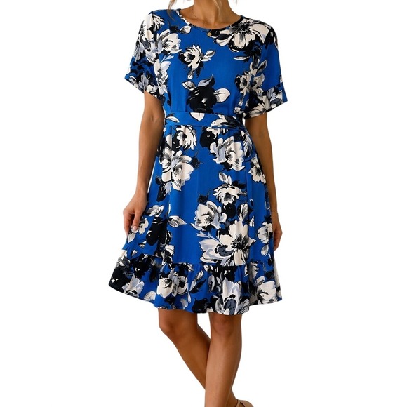 Robert Louis Dresses & Skirts - Robert Louis Blue Floral Ruffle Dress Womens Size Small Short Sleeve TieWaist
